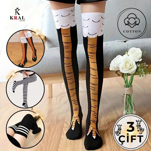 Kadın Dizüstü Çorap (3 Çift) Diz Üstü Zebra - Siyah - Tavuk Bacağı Çorap - Image 1