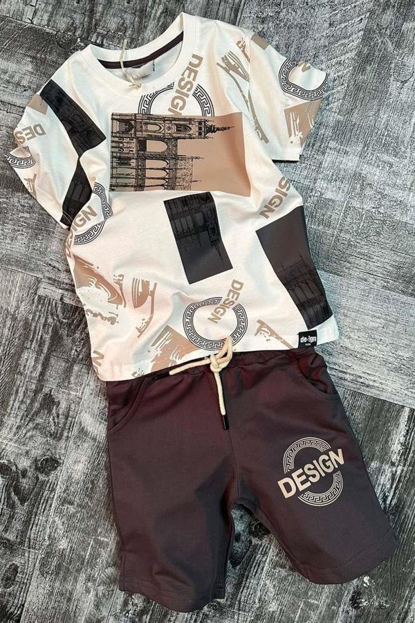 Erkek Çocuk Design Yazı Baskılı Kısa Kol Beyaz Tişört Şortlu Takım - Image 1