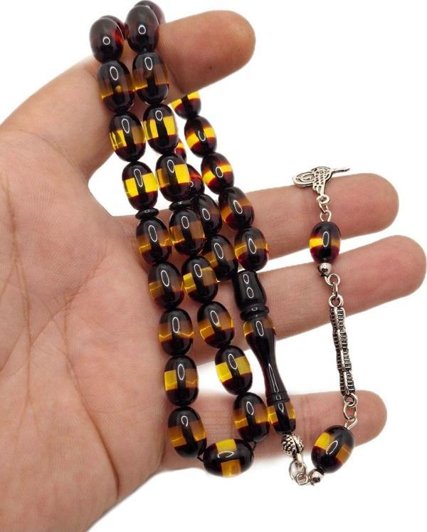 Han Ticarethane Sarı Siyah Kapsül Kesim Sürmeli Toz Kehribar Tesbih - Image 1