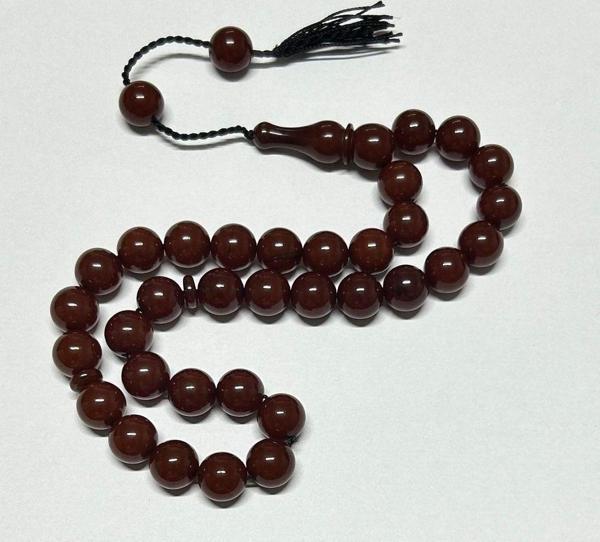 Han Ticarethane Halit Uzunkaya Kahverengi Küre Kesim Sıkma Kehribar Tesbih - Image 1