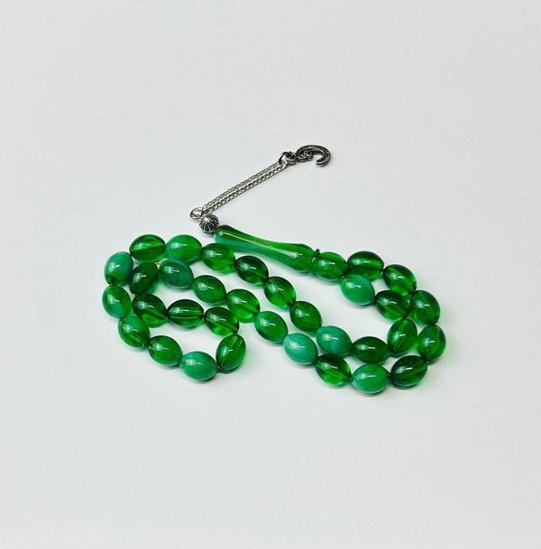 Han Ticarethane Yeşil Hareli Beyzi Kesim Toz Kehribar Tesbih - Image 1