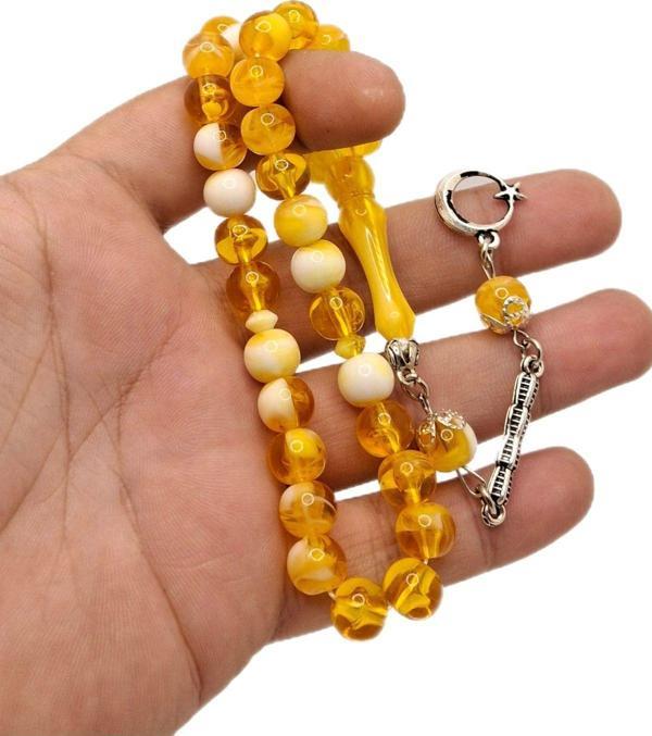 Han Ticarethane Sarı Beyaz Küre Kesim Toz Kehribar Tesbih - Image 1