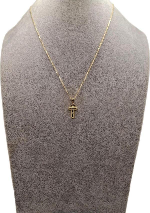 Han Ticarethane Altın Renk Çizgi Desenli T Harfi Balon Model Kolye - Image 1