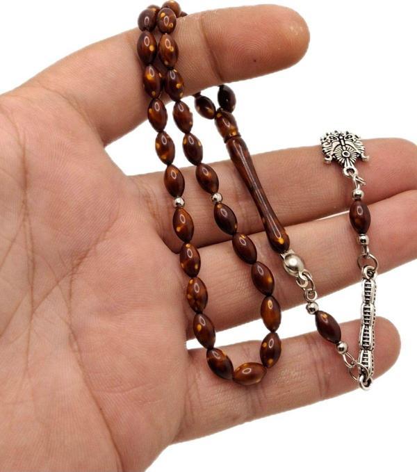 Han Ticarethane Sarı Desenli Kahverengi Minik Arpa Kesim Toz Kehribar Tesbih - Image 1