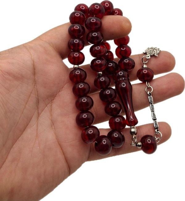 Han Ticarethane Koyu Kırmızı Yassı Model Toz Kehribar Tesbih - Image 1