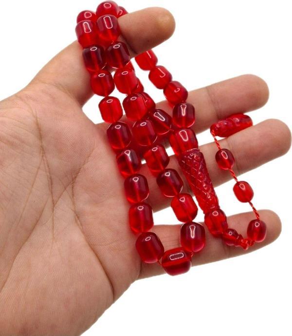 Han Ticarethane Kırmızı Renk İmame İşlemeli Toz Kehribar Tesbih - Image 1