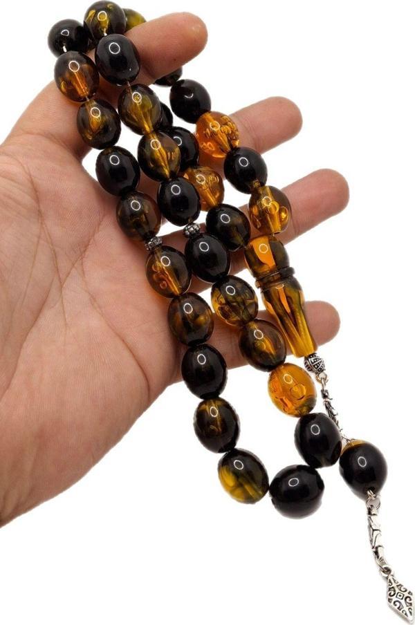 Han Ticarethane Siyah Turuncu Fıçı Kesim Büyük Boy Toz Kehribar Tesbih - Image 1