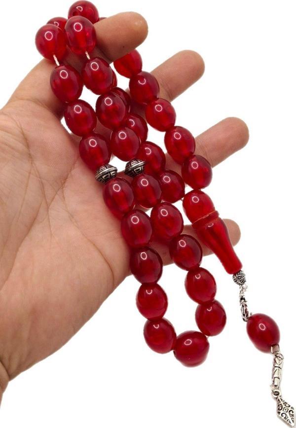 Han Ticarethane Kırmızı Fıçı Kesim Büyük Boy Toz Kehribar Tesbih - Image 1