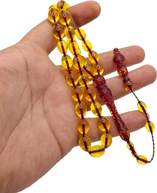 Han Ticarethane Sarı Renk İmame İşlemeli Toz Kehribar Tesbih - Image 1