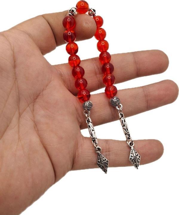 Han Ticarethane Gümüş Renk Kombinli Doğal Kırmızı Cam Zaza Tesbih - Image 1