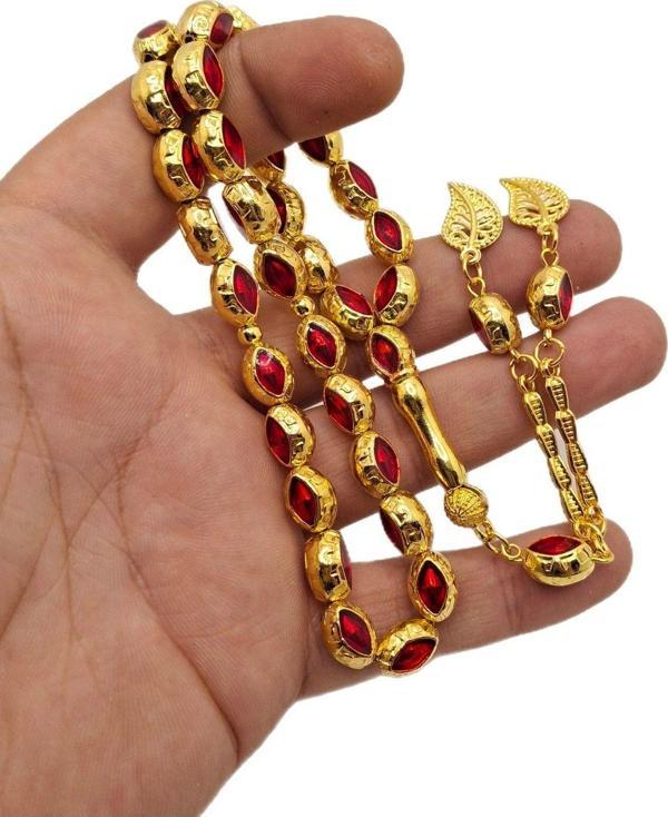 Han Ticarethane Kırmızı Mineli Altın Benzetme Metal Tesbih - Image 1