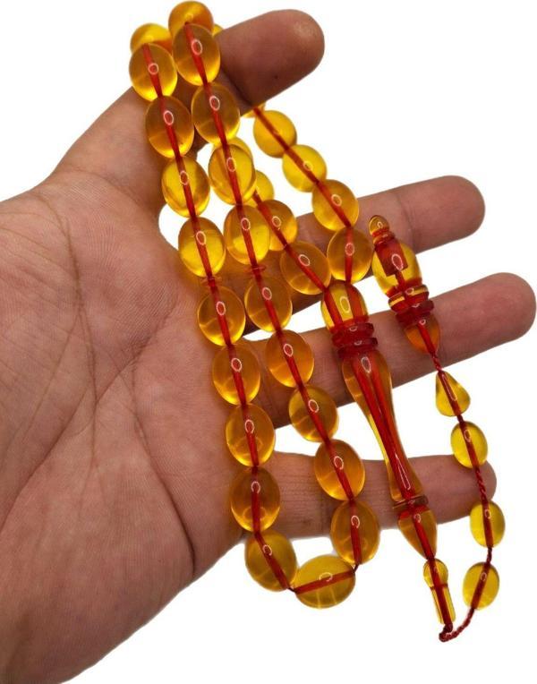 Han Ticarethane Sarı Renk Büyük Boy Badem Kesim Toz Kehribar Tesbih - Image 1