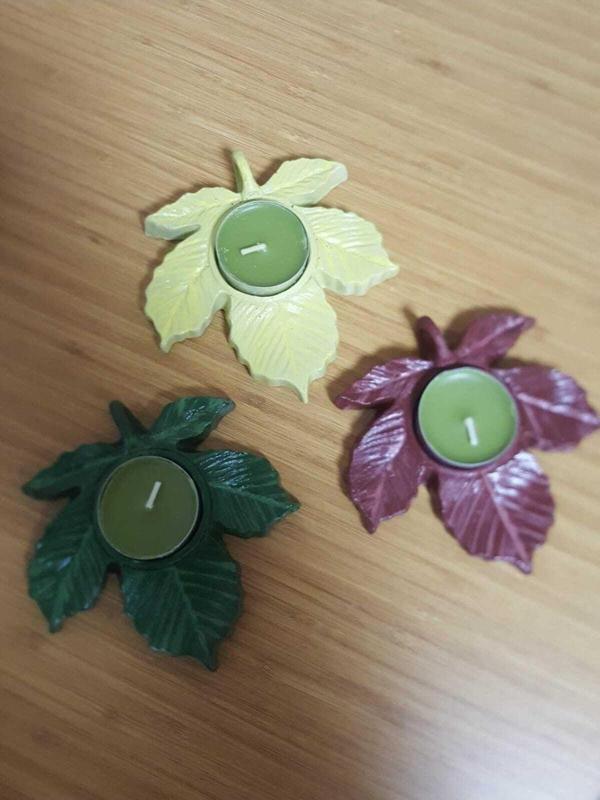 El Yapımı %100 Beton - Dekoratif 3Lü Yaprak Model Tealight Mumluk - Mum Hediyeli - Image 1