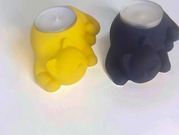 Hobimiz İşimiz %100 Beton - 2’Li Kedi Tealight Mumluk - Mum Hediyeli - Sarı&Lacivert - Image 1