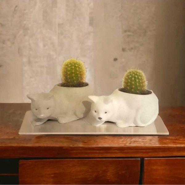 Hobimiz İşimiz %100 Beton - 2Li Kedi Model Sukulent & Kaktüs Saksı - Gri & Beyaz - Image 1