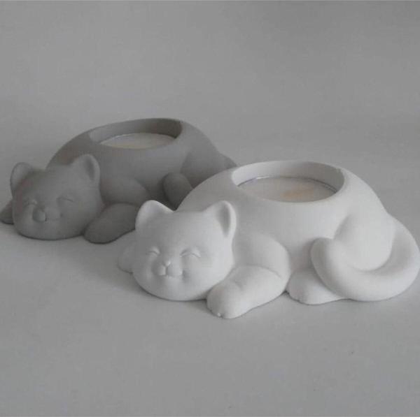 Hobimiz İşimiz %100 Beton - 2Li Kedi Tealight Mumluk  Gri & Beyaz - Image 1