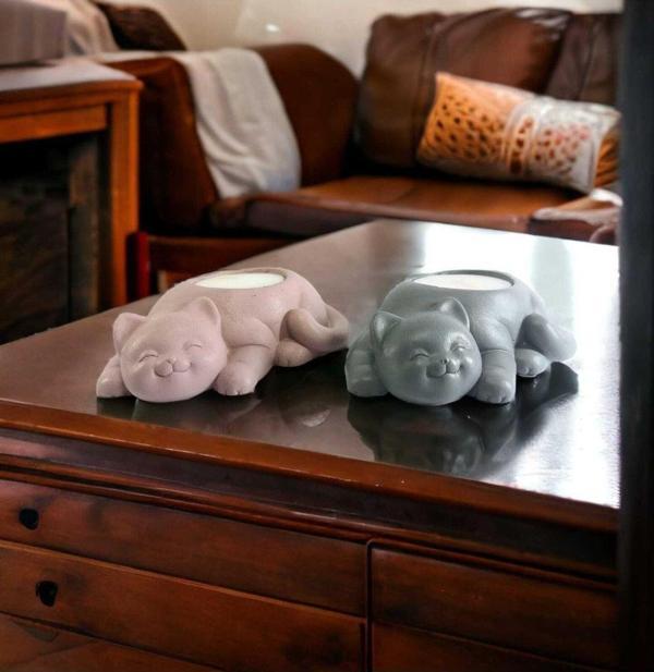 Hobimiz İşimiz %100 Beton - 2Li Kedi Tealight Mumluk - Mum Hediyeli - Antik Gri Ve Antik Pembe - Image 1