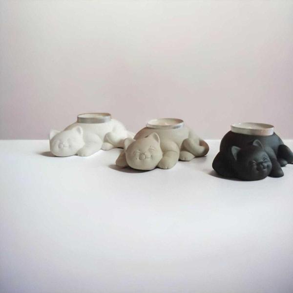 Hobimiz İşimiz %100 Beton - 3Lü Kedi Tealight Mumluk - Siyah & Beyaz & Natürel - Mum Hediyeli - Image 1