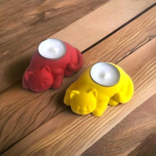 Hobimiz İşimiz %100 Beton - Dekoratif 2Li Kedi Tealight Mumluk - Mum Hediyeli - Sarı & Kırmızı - Image 1