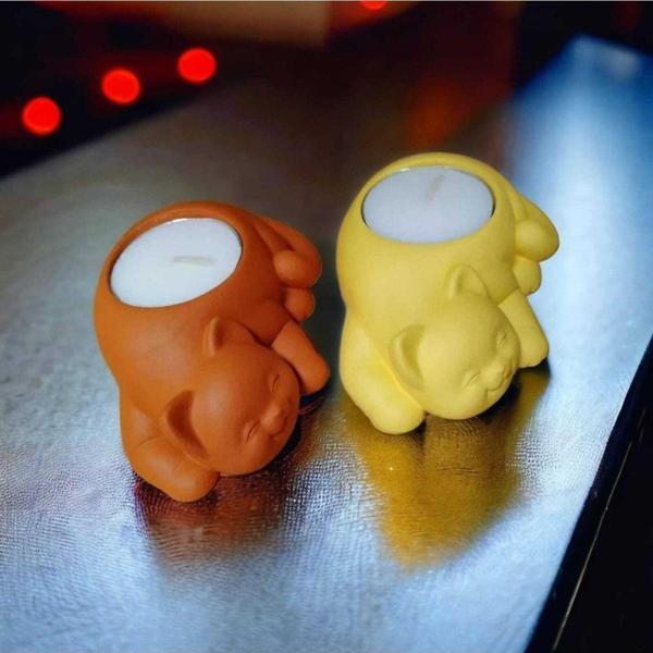 Hobimiz İşimiz %100 Beton - Dekoratif 2Li Kedi Tealight Mumluk - Mum Hediyeli - Turuncu & Sarı - Image 1