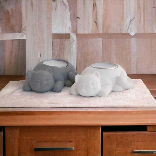 Hobimiz İşimiz %100 Beton - Dekoratif Kedi Tealight Mumluk - Antik Gri & Beyaz - Mumlar Hediyedir - Image 1