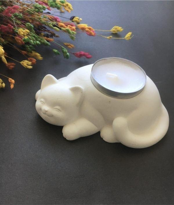 Hobimiz İşimiz %100 Beton - Dekoratif Kedi Tealight Mumluk - Mum Hediyeli - Beyaz - Image 1