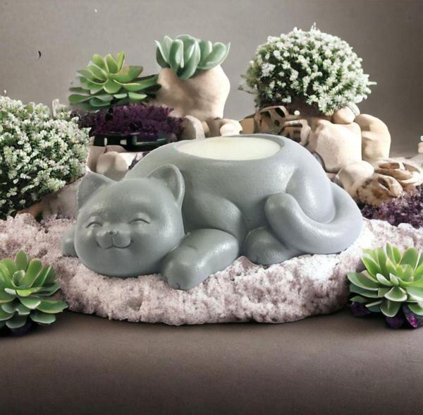 Hobimiz İşimiz %100 Beton - Kedi Tealight Mumluk - Antik Gri - Mum Hediyeli - Image 1