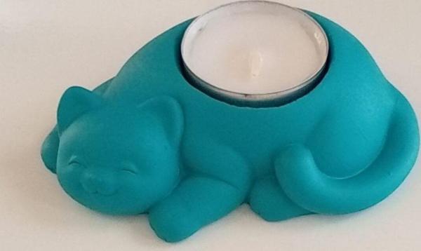 Hobimiz İşimiz %100 Beton - Kedi Tealight Mumluk - Mum Hediyeli - Turkuaz - Image 1