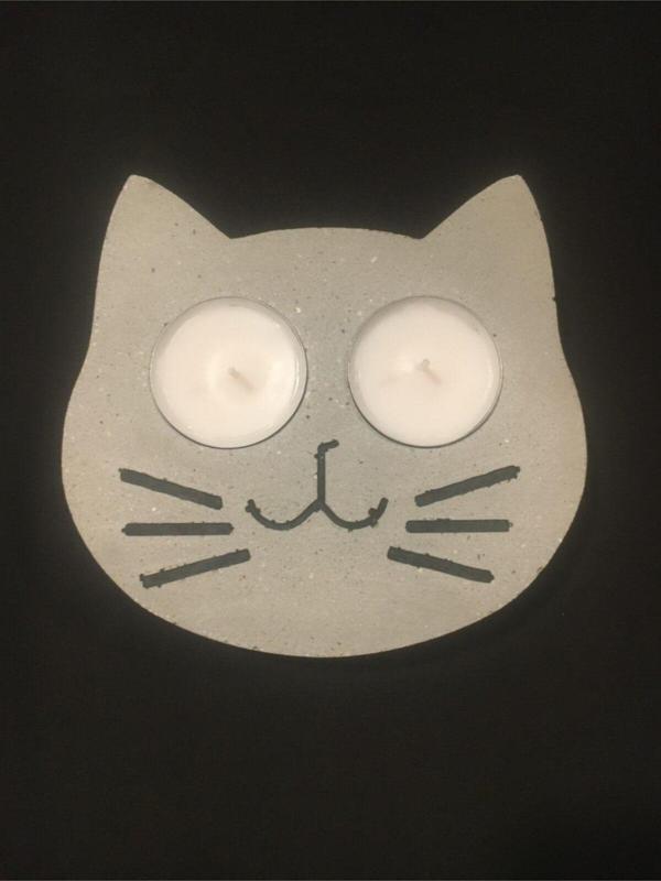 Hobimiz İşimiz %100 Beton - Kedi Yüzü Tealight Mumluk - Mum Hediyeli - Image 1