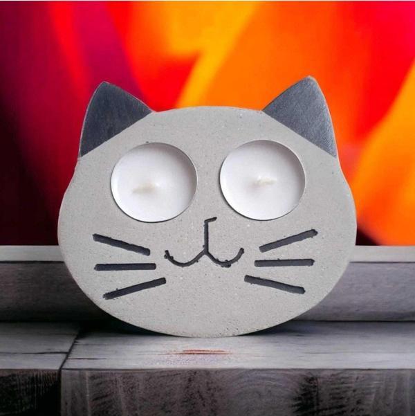 Hobimiz İşimiz %100 Beton - Kedi Yüzü Tealight Mumluk - Mum Hediyeli - Image 1