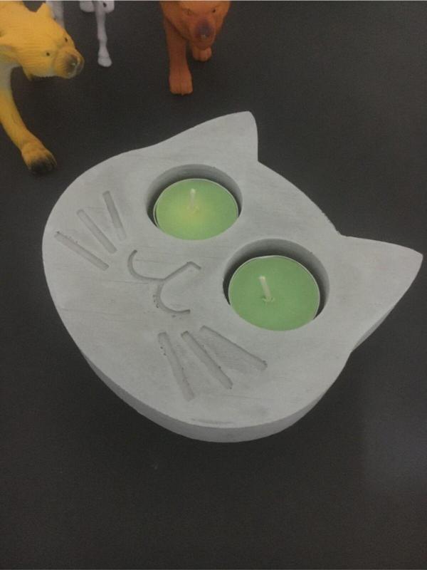 Hobimiz İşimiz %100 Beton - Kedi Yüzü Tealight Mumluk - Mum Hediyeli - Natürel - Image 1