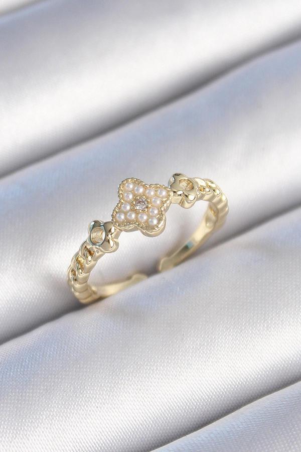 Gold Renk İncili Yonca Model Zirkon Taş Detay Kadın Yüzük - EBJ241214W29753 - Image 1