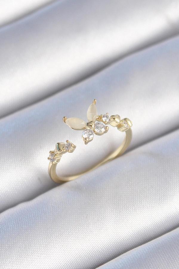 Gold Renk Zirkon Taş Detaylı Beyaz Mineli Kelebek Model Kadın Yüzük - EBJ241214W29747 - Image 1