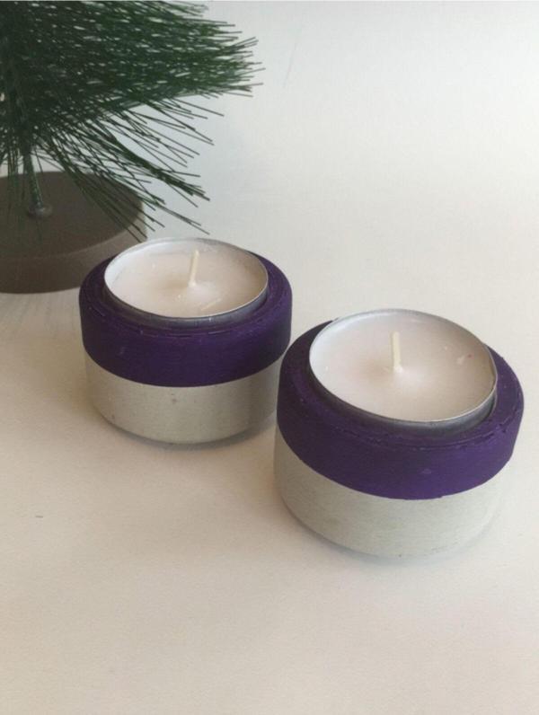 Hobimiz İşimiz %100 Beton 2Li Tealight Mumluk - Mumlar Dahil - Mor - Image 1
