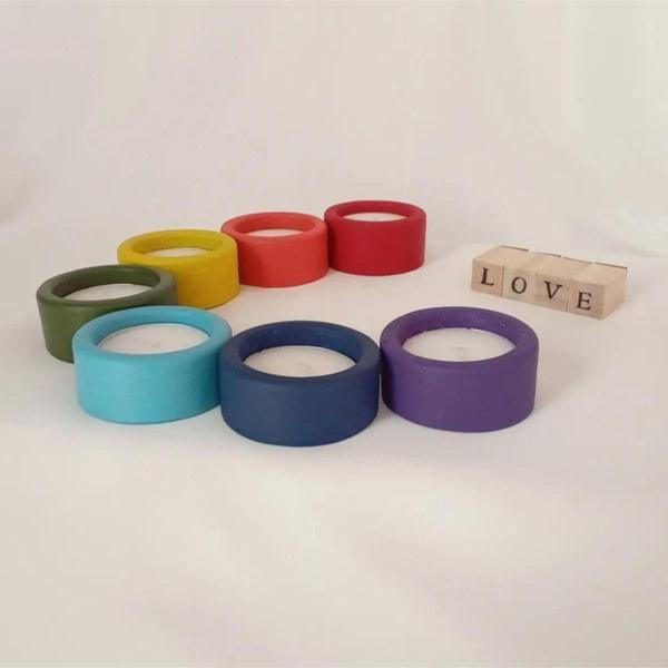 Hobimiz İşimiz %100 Beton 7Li Tealight Mumluk - Gökkuşağı Renkleri - Mum Hediyeli - Image 1