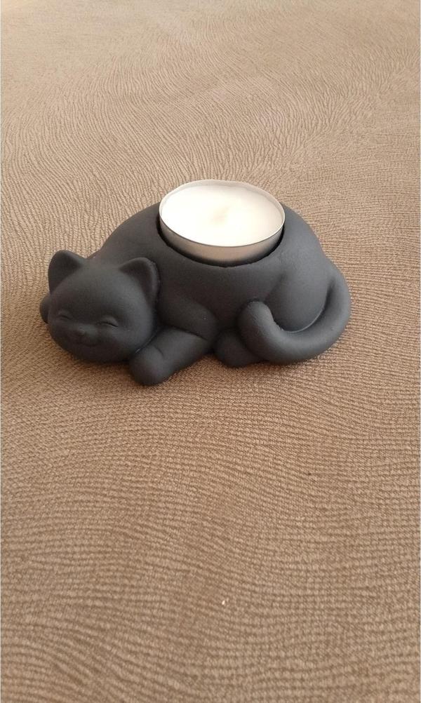 Hobimiz İşimiz %100 Beton Kedi Tealight Mumluk - Mum Hediyeli - Antrasit - Image 1
