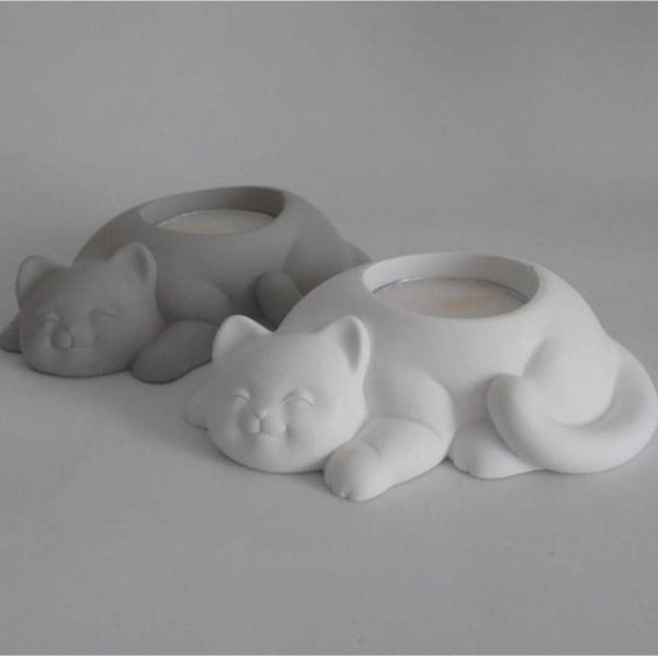 Hobimiz İşimiz 2Li Kedi Tealight Mumluk Mum Gri & Beyaz - Image 1