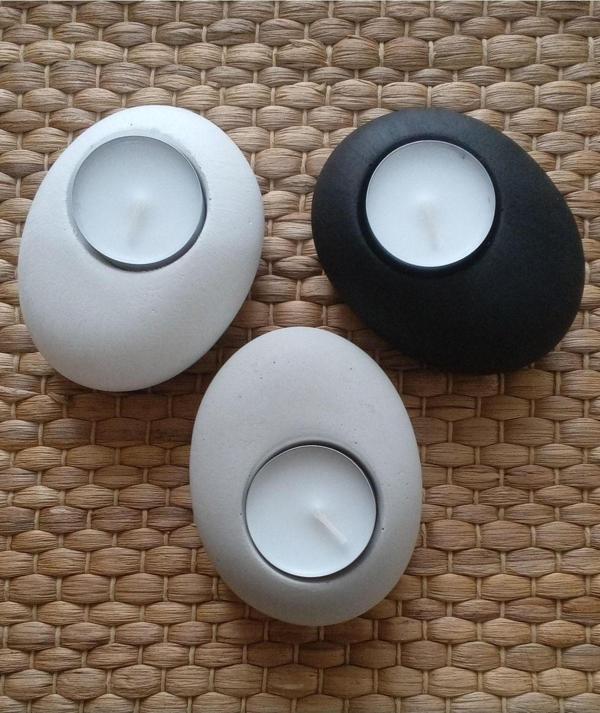 Hobimiz İşimiz 3Lü Taş Model Tealight Mumluk - Siyah&Beyaz&Naturel Gri - Mumlarla Birlikte - Image 1