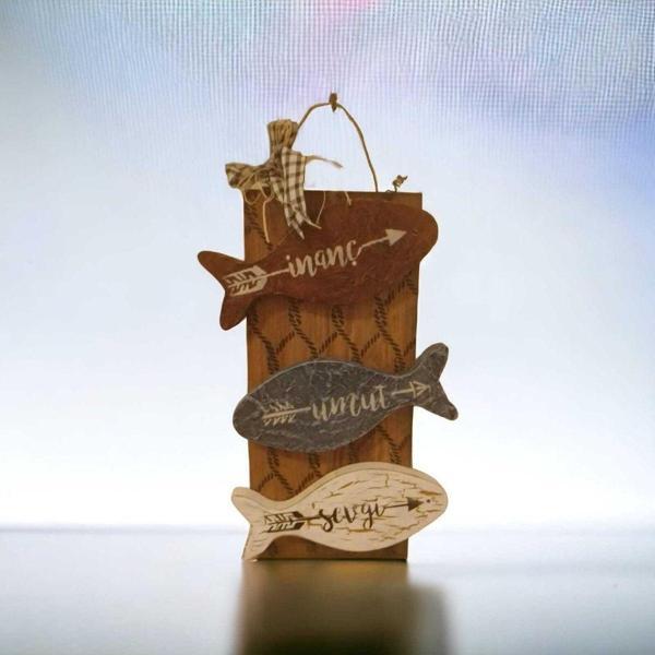 Hobimiz İşimiz Ahşap - Balık Temalı - Duvar Panosu - 17,5X40 Cm - Motto Inanç - Umut- Sevgi - Image 1