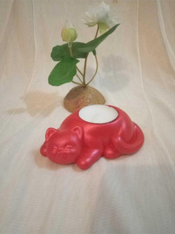 Hobimiz İşimiz Kedi Tealight Mumluk - Mum  - Metalik Kırmızı - Image 1