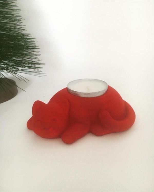 Hobimiz İşimiz Kedi Tealight Mumluk - Mum Hediyeli - Kırmızı - - Image 1