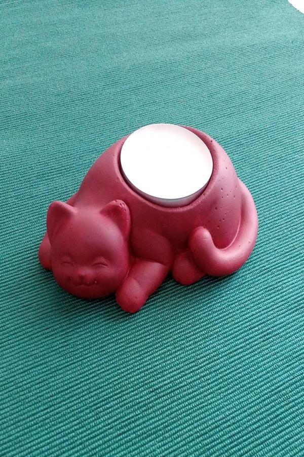 Hobimiz İşimiz Kedi Tealight Mumluk - Mum Hediyeli - Şarap Kırmızısı - Image 1
