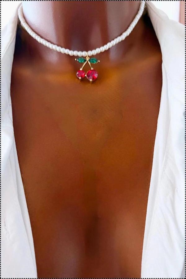 Kadın Beyaz Incili Kiraz Choker Tasma Kolye - Image 1