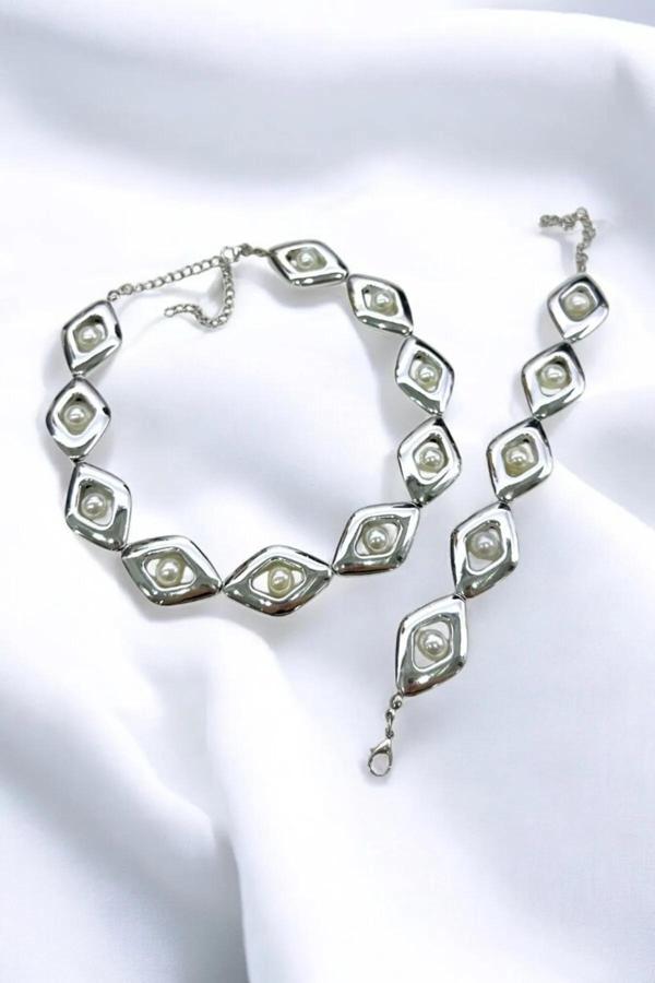 METALİZE İNCİ BAKLAVA CHOKER TASMA KOLYE BİLEKLİK SET - Image 1
