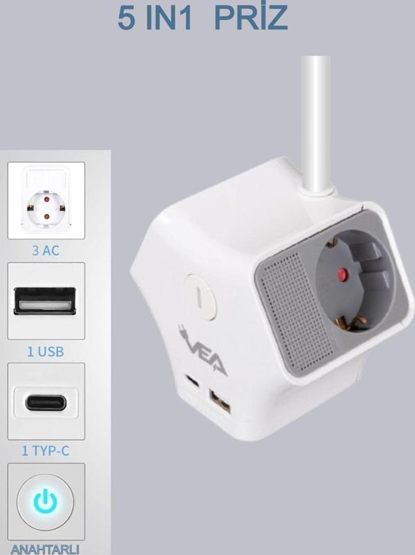 Ecuy 3'Lü Grup Priz 3 Priz 1 Usb 1 Type-C Anahtarlı Çocuk Emniyetli Dönebilen Duvar Monte Aparatlı 1.5 M - Image 1