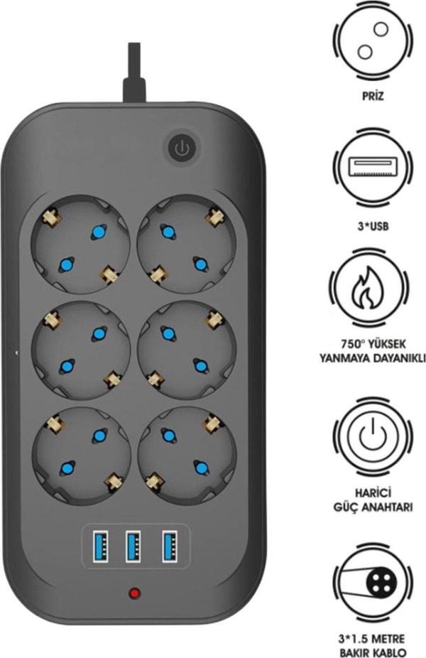 Ecuy 6'Lı Akım Korumalı Uzatma Kablolu Priz  3Xusb Isıya Dayanaklı Priz 2500 Watt - Image 1