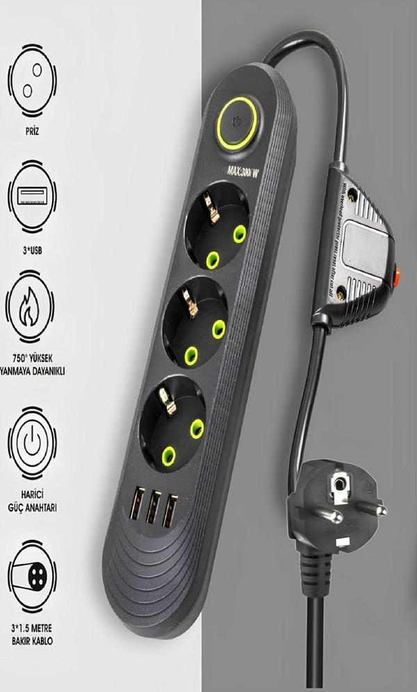 Ecuy Akım Korumalı Priz 3'Lü Grup Priz 3 Usb Çıkışlı 1.5 Metre - Image 1
