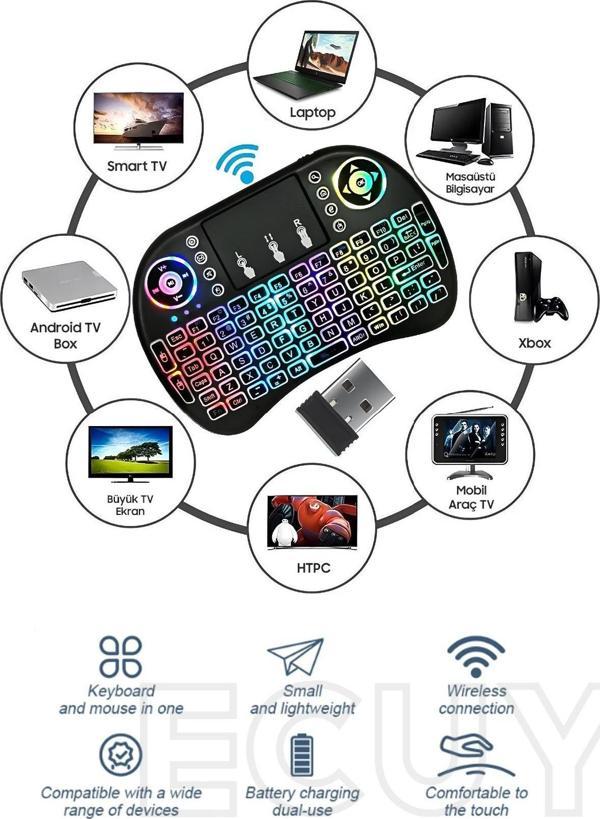 Ecuy Bluetooht Uyumlu Kablosuz Klavye Mouse Tv Klavye Işıklı Kablosuz Mini Klavye Dokunmatik Mouse - Image 1