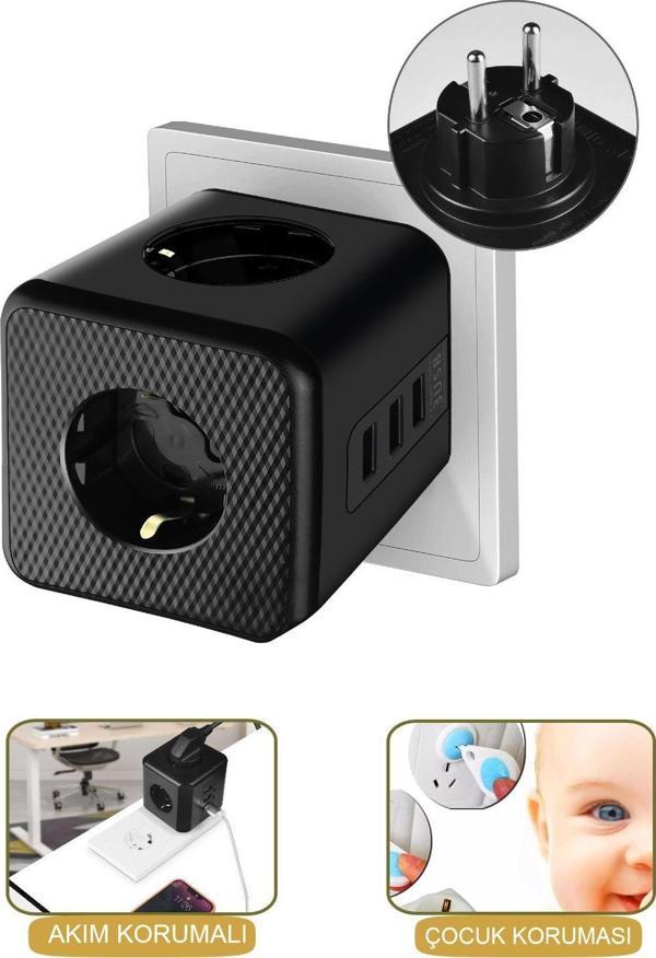 Ecuy Priz Çoğaltıcı Isıya Dayanıklı Termal Akım Çocuk Korumalı Priz 3X Priz Girişli 3X Usb Girişli Priz - Image 1