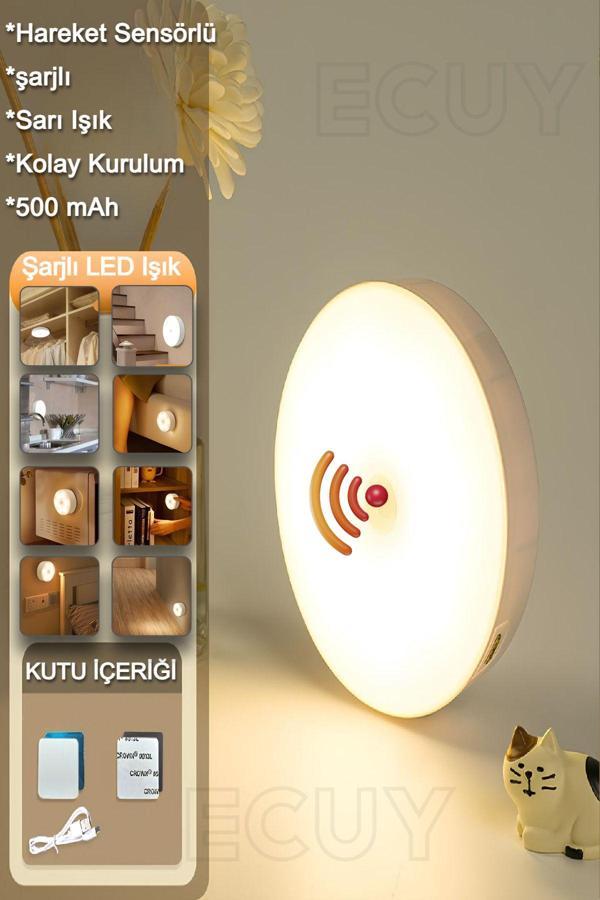 Ecuy Şarjlı Hareket Sensörlü Gece Led Lambası Sarı Işık Dolap, Mutfak, Merdiven,Koridor, Bebek Odası Işık - Image 1